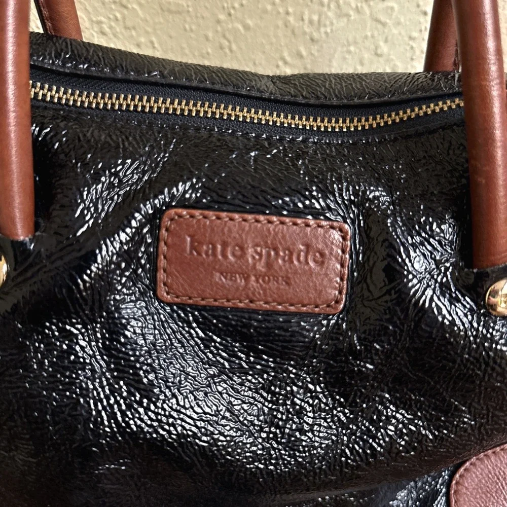 Kate Spade Black Patent Brown Leather Combo Court Tote‎ Shoulder Bag Crossbody